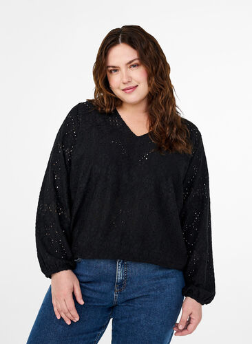 Zizzi Langærmet bluse med v-hals og hulmønster, Black, Model image number 0