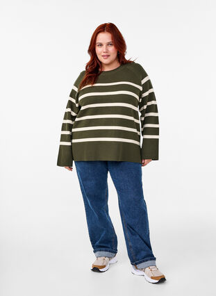 Zizzi Stribet strikbluse med rund hals, D. Bag Birch Stripe, Model image number 2