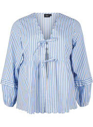 Stribet bluse med åben front og broderidetaljer, C. Blue White Stripe