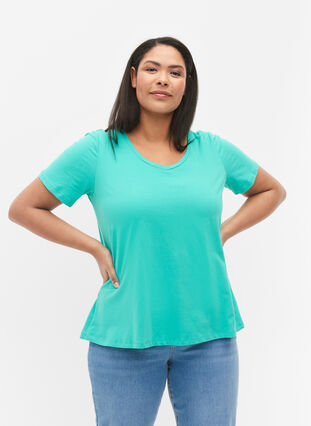 Zizzi Ensfarvet basis t-shirt i bomuld, Aqua Green, Model image number 0
