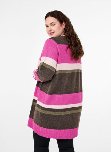 Zizzi Lang strikcardigan med brede striber, Fuchsia Red Mel.Comb, Model image number 1