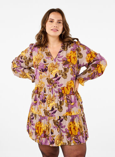 Zizzi Langærmet tunika med blomsterprint, Purple Flower, Model image number 0