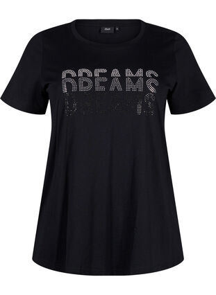 Zizzi Bomulds t-shirt med rhinesten motiv, Black w. Dream, Packshot image number 0