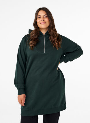 Zizzi Sweat tunika med hætte og lynlås, Scarab, Model image number 0