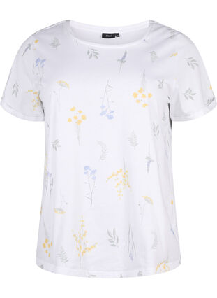 Zizzi T-shirt i økologisk bomuld med blomsterprint, Bright W. AOP, Packshot image number 0