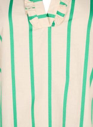 Zizzi Stribet tunika i bomuld med smock og flæser, Beige Green Stripe, Packshot image number 2