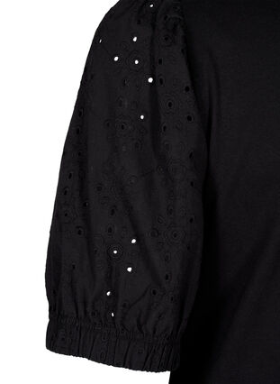 Zizzi Økologisk bomuldsbluse med broderi anglaise ærmer, Black, Packshot image number 3