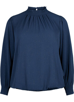 Zizzi FLASH - Langærmet bluse med smock og glitter, Navy w. Gold, Packshot image number 0
