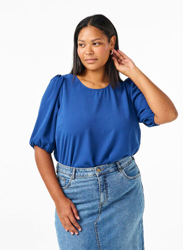 Zizzi Kortærmet bluse med sløjfe bagpå, Estate Blue, Model image number 0