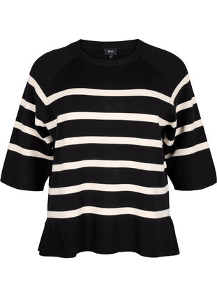 Zizzi 3/4 ærmet strikbluse med striber, Black Birch Stripes, Packshot image number 0