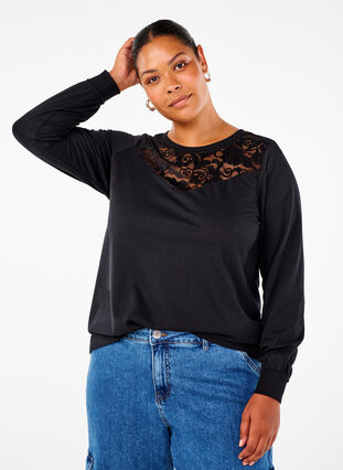 Zizzi Sweatshirt med blondedetalje, Black, Model image number 0