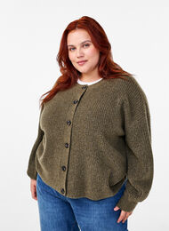 Ribstrikket cardigan med knapper, Dusky Green Mel., Model