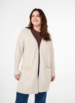 Zizzi Meleret strik cardigan med lommer, Pumice Stone Mel., Model image number 0