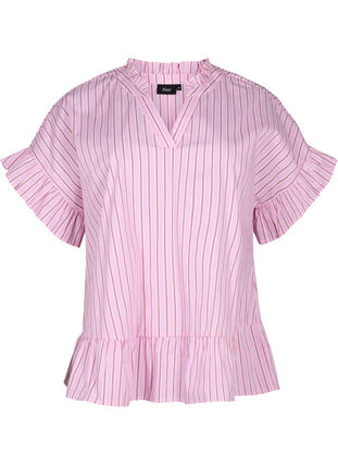 Zizzi Stribet bluse med peplum og flæsedetaljer, Pink Red Stripe, Packshot image number 0
