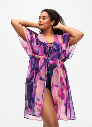 Zizzi Strand kimono med print, Purple Swirl, Model image number 0