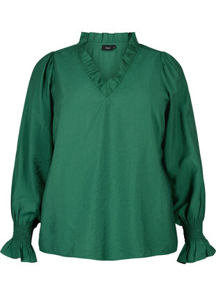 Zizzi Langærmet viskosebluse med flæsedetaljer, Hunter Green, Packshot image number 0