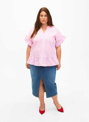 Zizzi Stribet bluse med peplum og flæsedetaljer, Pink Red Stripe, Model image number 2