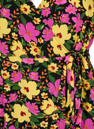 Zizzi Printet wrapkjole med korte ærmer , Yellow Pink Flower, Packshot image number 2