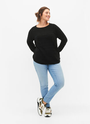 Zizzi Strikbluse med tone-i-tone striber, Black, Model image number 2