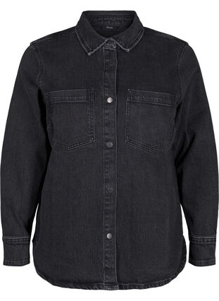 Zizzi Denimskjorte med knapper og brystlommer, Dark Grey Denim, Packshot image number 0