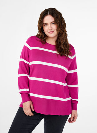 Zizzi Strikket viskosebluse med striber, Fuchsia Red Comb, Model image number 0