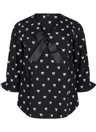 Bluse med sløjfer og 3/4 ærmer, Black White Bow