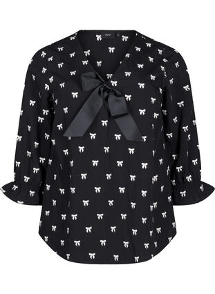 Zizzi Bluse med sløjfer og 3/4 ærmer, Black White Bow, Packshot image number 0