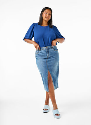 Zizzi Kortærmet bluse med sløjfe bagpå, Estate Blue, Model image number 2