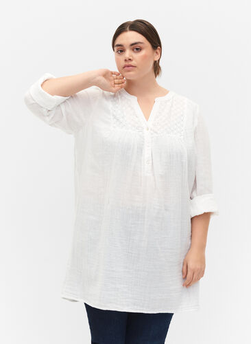 Zizzi Tunika i bomuld med broderi anglaise, Bright White, Model image number 0