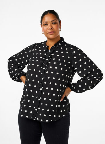 Zizzi Prikket skjorte med flæser, Black W. White Dot, Model image number 0