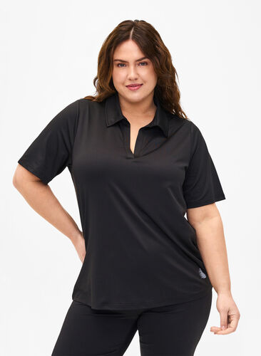 Zizzi Polo t-shirt med v-hals, Black, Model image number 0