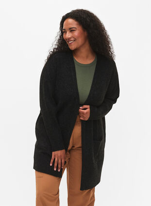 Zizzi Meleret strik cardigan med lommer, Dark Grey Melange, Model image number 0