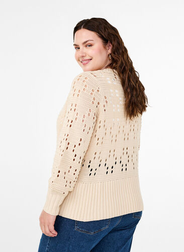 Zizzi Strikcardigan med bindebånd og hulmønster, Birch, Model image number 1