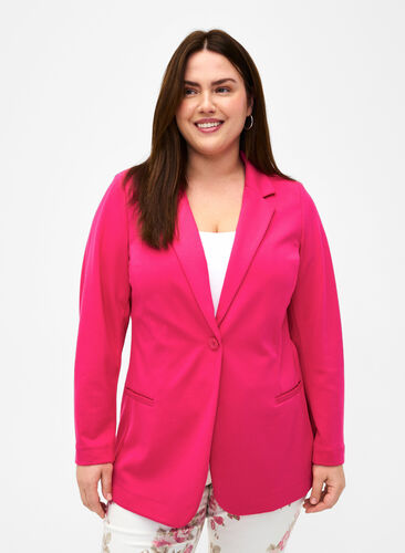 Zizzi Enkel blazer med knaplukning, Raspberry Sorbet, Model image number 0