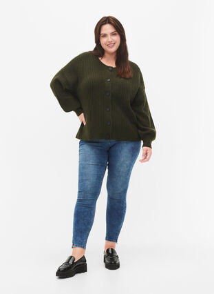 Zizzi Ribstrikket cardigan med knapper, Forest Night Mel., Model image number 2