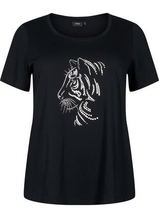Zizzi T-shirt i bomuld med motiv, Black w. Lion, Packshot image number 0