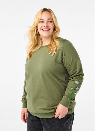 Zizzi Sweatshirt med broderede blomster, D. L. Green W. emb., Model image number 0