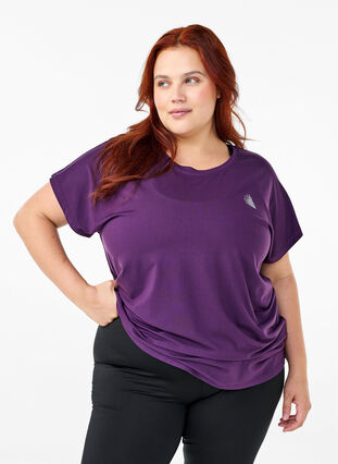 Zizzi Ensfarvet trænings t-shirt, Purple Pennant, Model image number 0