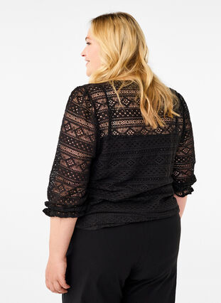 Zizzi Bluse med hulmønster og 3/4 ærmer, Black, Model image number 1