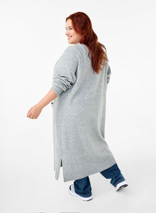 Zizzi Lang strikcardigan med lommer, Light Grey Melange, Model image number 1