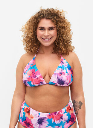 Zizzi Trekants bikini bh med print , Pink Flower, Model image number 0