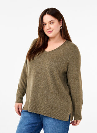 Zizzi Strikbluse med v-hals, Dusky G. Black Mel., Model image number 0