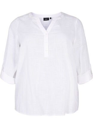 Zizzi Skjortebluse i bomuld med v-udskæring, Bright White, Packshot image number 0