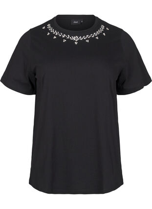 Zizzi T-shirt med rund hals og rhinsten, Black, Packshot image number 0