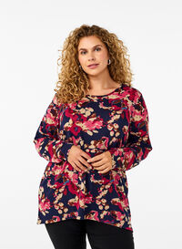 Blomstret bluse med lange ærmer, Ev. Blue Rose Fl.AOP, Model