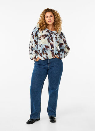 Zizzi Langærmet bluse med print og knap, Grey Flower AOP, Model image number 2