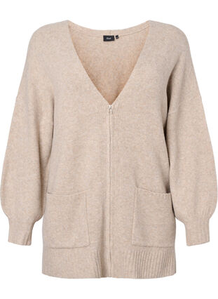 Zizzi Strikket cardigan med lynlås og lommer, Simply Taupe Mel., Packshot image number 0