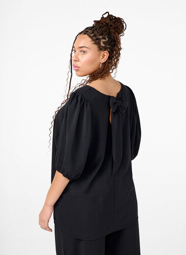 Zizzi Kortærmet bluse med sløjfe bagpå, Black, Model image number 1