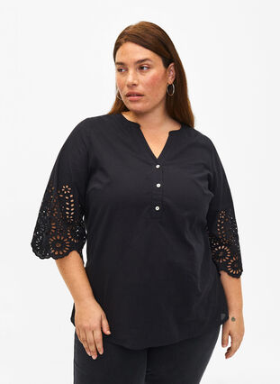 Zizzi Skjortebluse med broderi anglaise og 3/4 ærmer , Black, Model image number 0