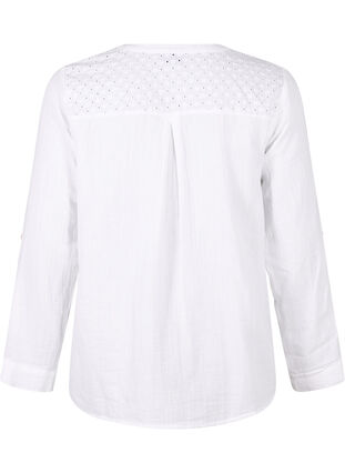 Zizzi Bluse i bomuld med broderi anglaise og 3/4 ærmer, Bright White, Packshot image number 1